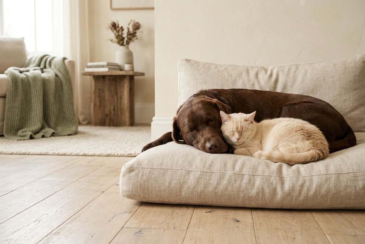 Dog and cat sharing a cozy cushion